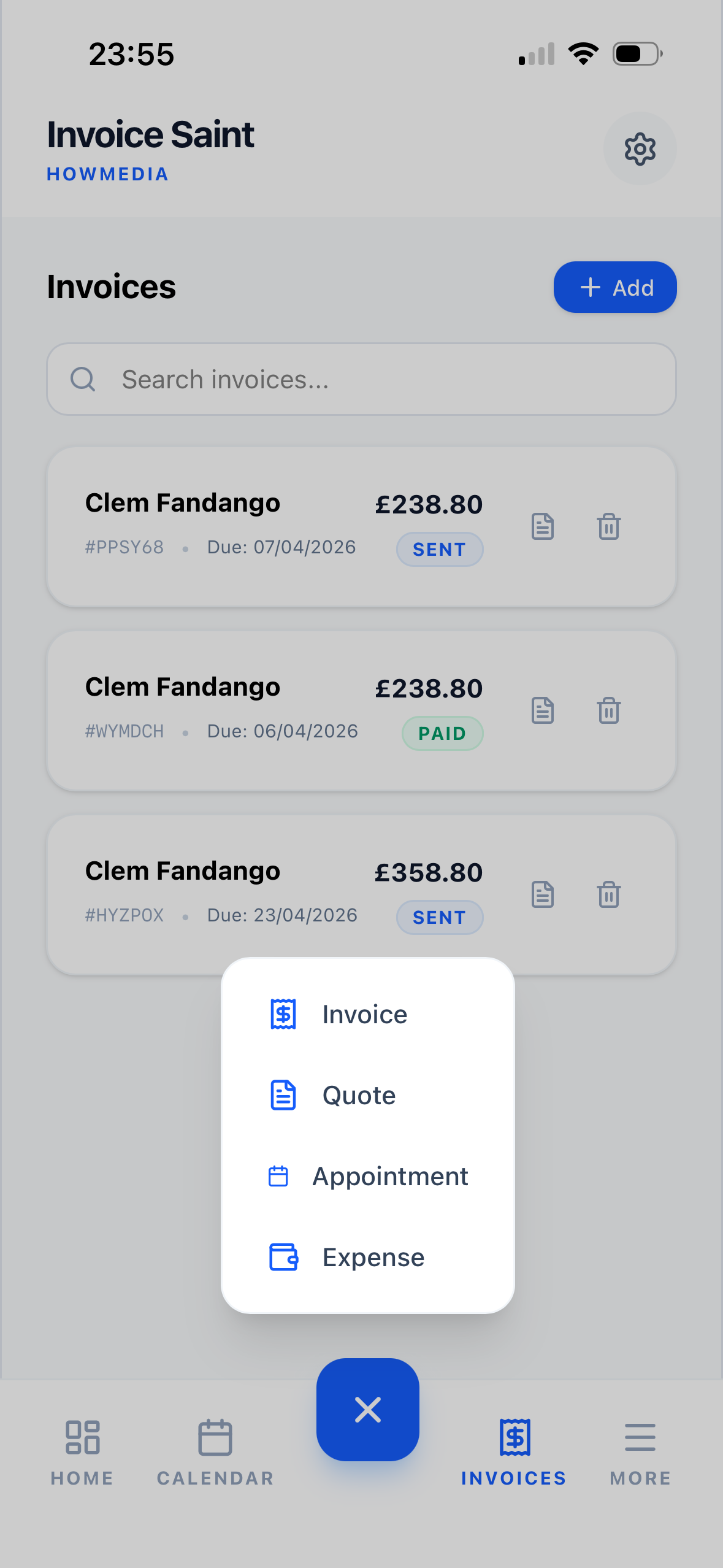 Create invoice menu